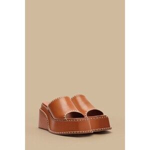 Farm Rio 36 Camel Wedge Mule Platform Sandal Brown Whipstitch NWOB